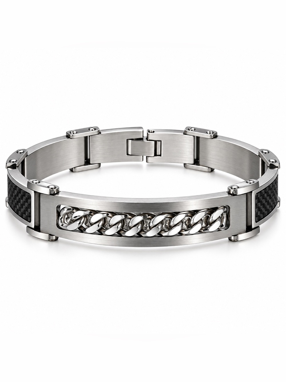 Men’s Stainless Steel Chain Link Bracelet Black Carbon Fiber Accent